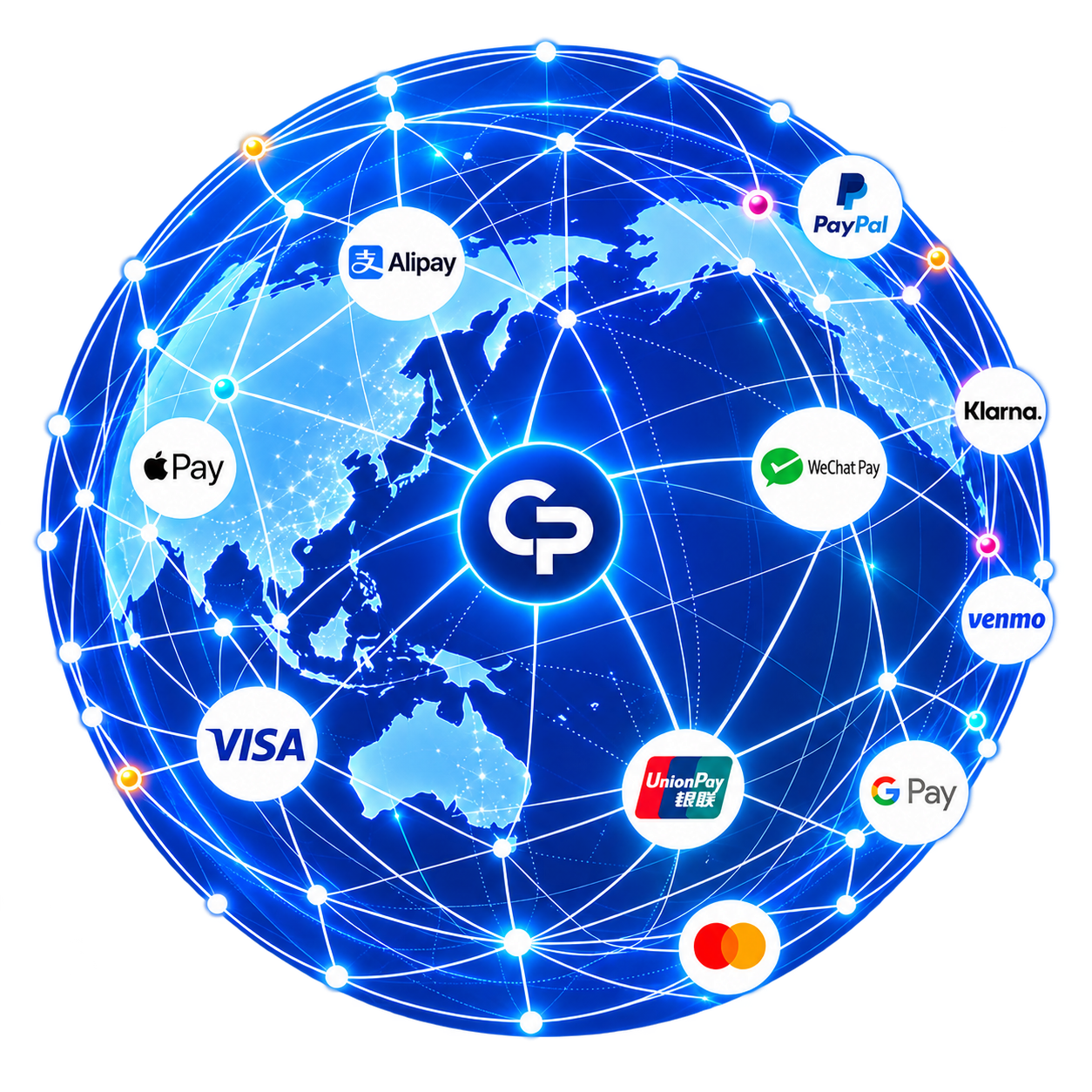 Canpay global network showing Visa, Mastercard, UnionPay, Alipay, WeChat Pay and other payment methods